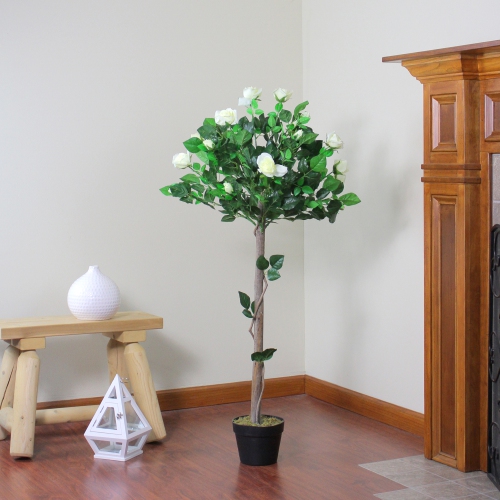 49.5" Green and White Potted Floral Artificial Rose Garden Tree