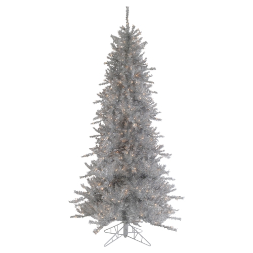 NORTHLIGHT  6.5' Pre-Lit Tinsel Pine Slim Artificial Christmas Tree - Clear Lights In Silver