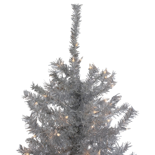 6.5' Pre-Lit Silver Tinsel Pine Slim Artificial Christmas Tree - Clear Lights