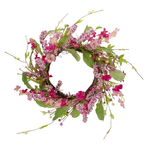 Geranium and Berry Artificial Spring Floral Wreath, Pink - 18-Inch
