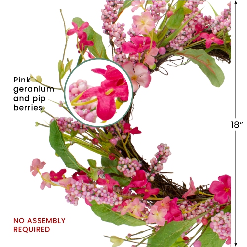 Geranium and Berry Artificial Spring Floral Wreath, Pink - 18-Inch