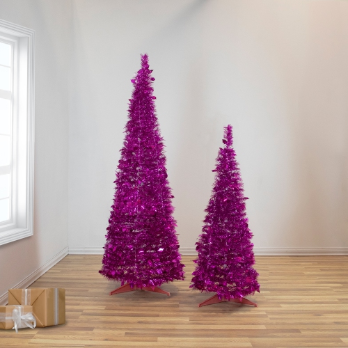6' Pink Tinsel Pop-Up Artificial Christmas Tree, Unlit
