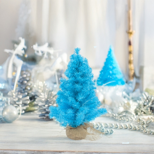 17.5" Cerulean Blue Pine Tree in Natural Jute Base Christmas Decoration
