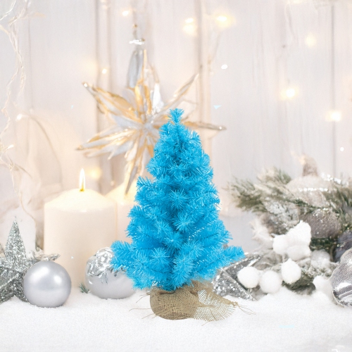 17.5" Cerulean Blue Pine Tree in Natural Jute Base Christmas Decoration