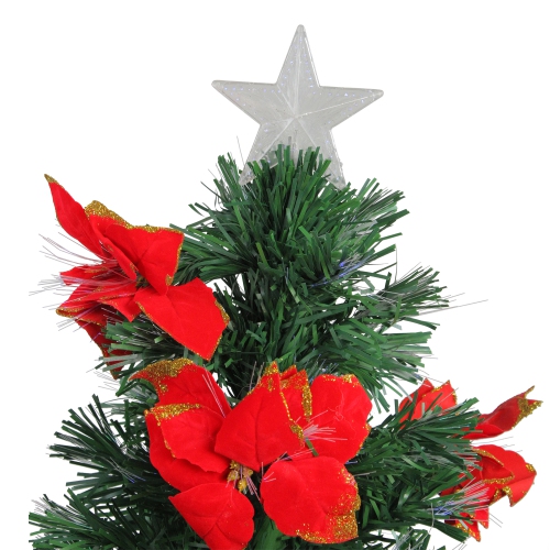 3' Pre-Lit Fiber Optic Artificial Christmas Tree with Red Poinsettias - Multi