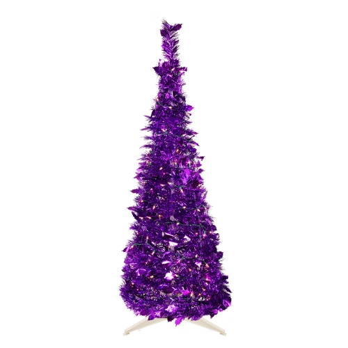 NORTHLIGHT  6' Pre-Lit Tinsel Pop-Up Artificial Christmas Tree, Clear Lights In Purple