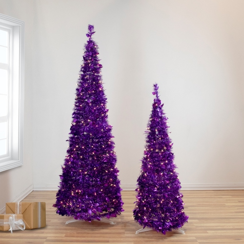 6' Pre-Lit Purple Tinsel Pop-Up Artificial Christmas Tree, Clear Lights