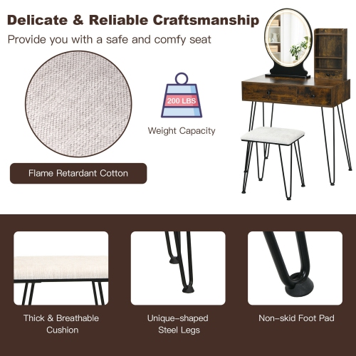 Gymax Vanity Table Set Lighted Mirror Storage Drawer Shelf Cushion Stool