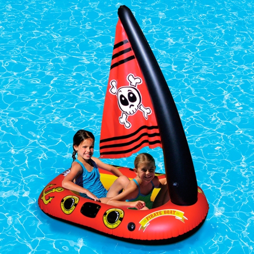 Inflatable Red Pirate Boat Swimming Pool Float with Jolly Roger Sail, 57-Inch