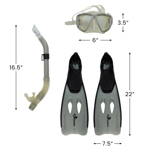 3pc Blue and Black Adult Silicone Swimming Pool Snorkeling Set 22" - Medium