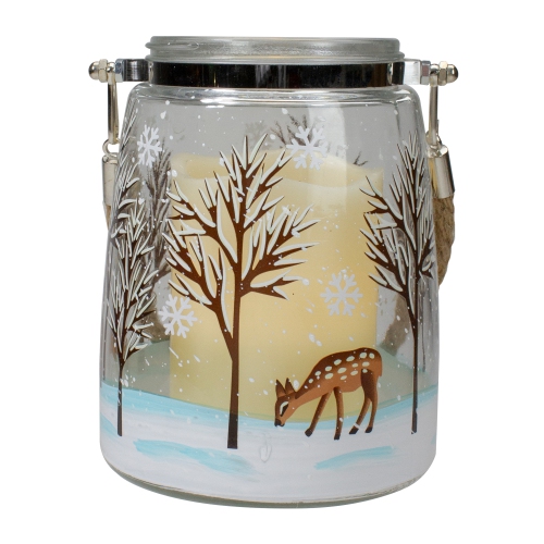 6.25" Trees and Fawns Flameless Glass Candle Lantern