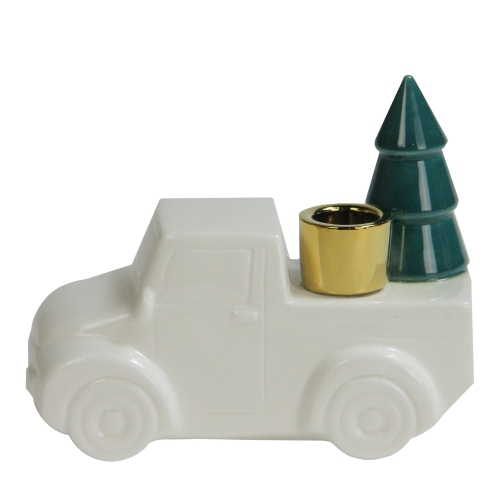 6 White Ceramic Truck with Christmas Tree Taper Candlestick Holder