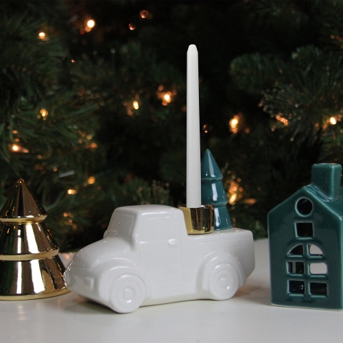 6 White Ceramic Truck with Christmas Tree Taper Candlestick Holder
