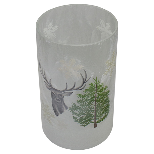10" Deer, Pine and Snowflakes Hand Painted Flameless Glass Christmas Candle Holder