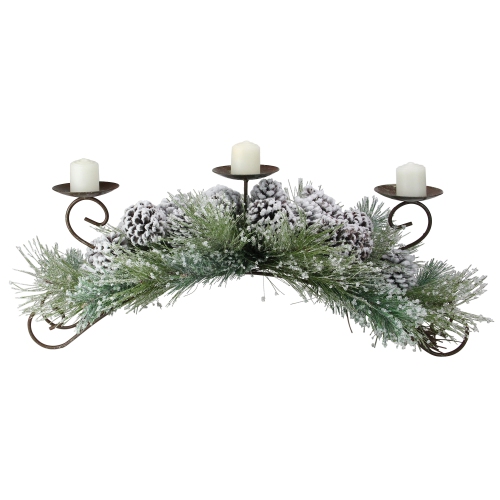 MELROSE  30" Frosted Pine Needle And Pine Cone Christmas Candle Holder In Green
