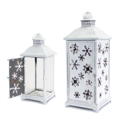 MELROSE  Set Of 2 Distressed Versatile Snowflake Or Glass Christmas Candle Lanterns
