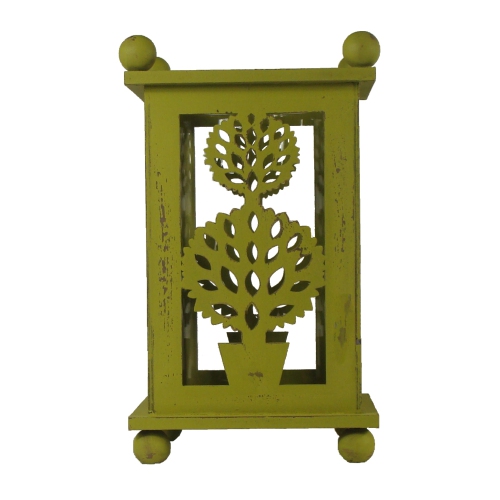 MELROSE  12.5" Pistachio Distressed Double Ball Tree Cut-Out Pillar Candle Lantern In Green