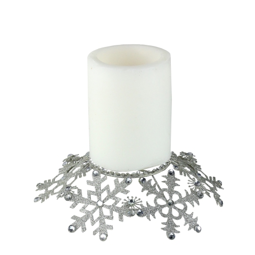 9" Silver Snow Drift Snowflake Glittered and Jeweled Pillar Candle Holder