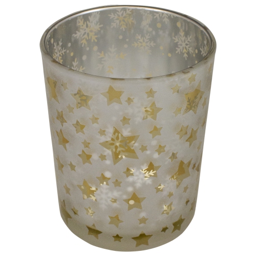5" Matte Silver and Gold Stars and Snowflakes Flameless Glass Candle Holder