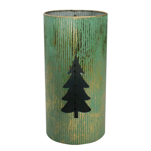Set of 2 Rustic Green and Gold Christmas Tree Tabletop Lanterns 12"