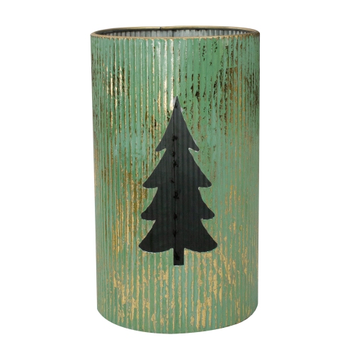 Set of 2 Rustic Green and Gold Christmas Tree Tabletop Lanterns 12"