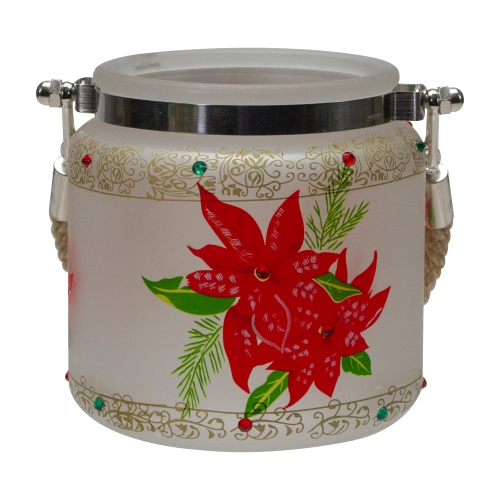 4" Hand-Painted Red Poinsettias and Gold Flameless Glass Christmas Candle Holder