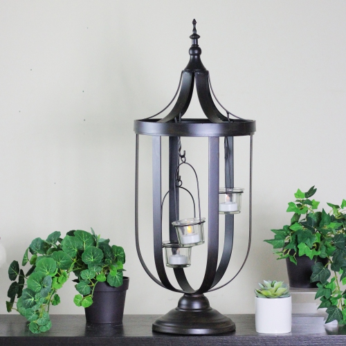 22" Decorative Antique-Style Bronze Birdcage Glass Votive Candle Holder