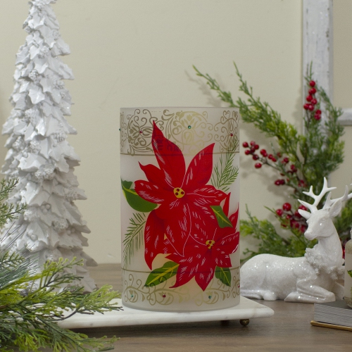 10" Hand-Painted Red Poinsettias and Gold Flameless Glass Christmas Candle Holder