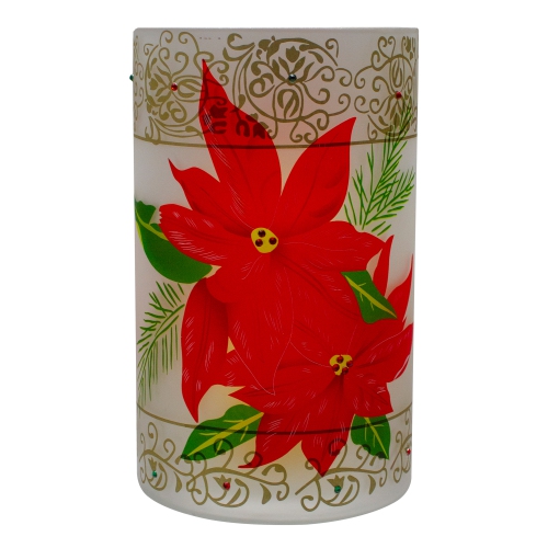 10" Hand-Painted Red Poinsettias and Gold Flameless Glass Christmas Candle Holder