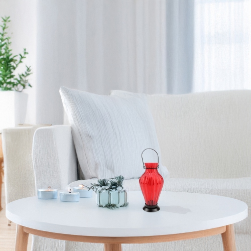 9.5" Frosted Red Ribbed Vase Glass Bottle Tea Light Candle Lantern Decoration