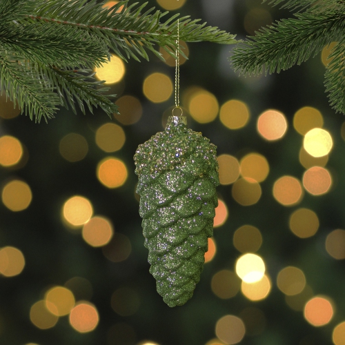 5.5" Green and Gold Glitter Beaded Pine Cone Christmas Ornament