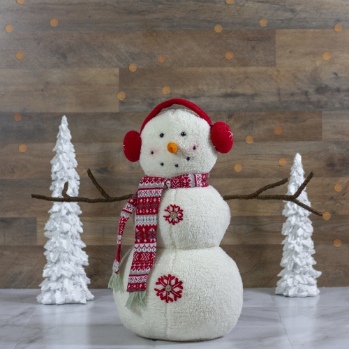 21.5-Inch White and Red Snowflake Sherpa Plush Snowman Christmas Decoration