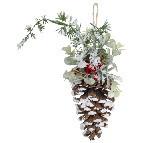 13" Pine Cone with Mixed Foliage, Red Jingle Bells, and Berries Hanging Christmas Ornament