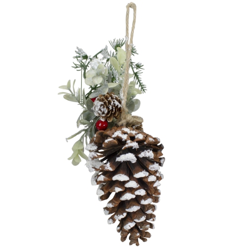 13" Pine Cone with Mixed Foliage, Red Jingle Bells, and Berries Hanging Christmas Ornament