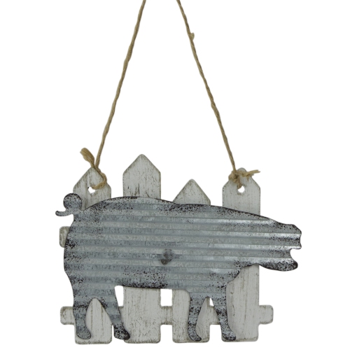 NORTHLIGHT  7" Country Rustic Pig And Picket Fence Christmas Ornament In White