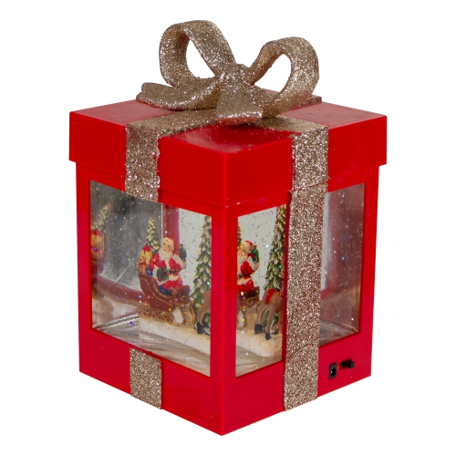 7" Lighted Red Gift Box Christmas Snow Globe with Santa and Reindeer