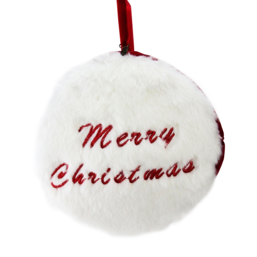 7.5" Red and White "Merry Christmas" Faux Fur Decorative Christmas Disc Ornament