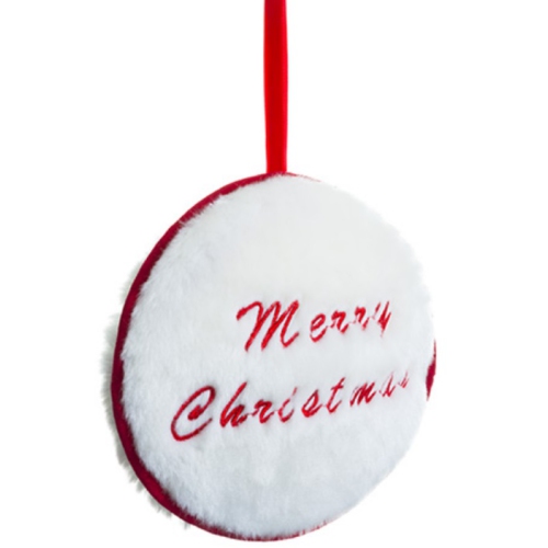 7.5" Red and White "Merry Christmas" Faux Fur Decorative Christmas Disc Ornament
