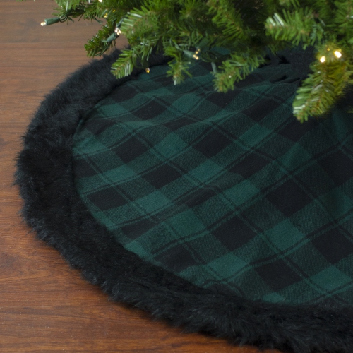 48" Green and Black Plaid Christmas Tree Skirt with Faux Fur