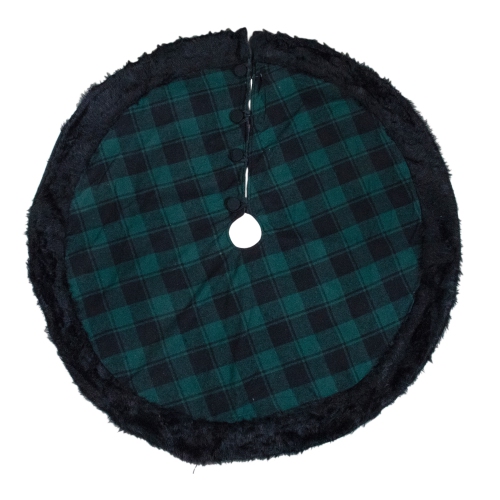 48" Green and Black Plaid Christmas Tree Skirt with Faux Fur