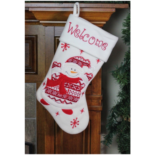 15.75" Red and White Welcome Snowman Embroidered Christmas Stocking