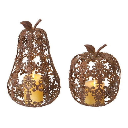 Set of 2 Fall Harvest Fleur de Lis Apple and Pear Thanksgiving Pillar Candle Holders 13"