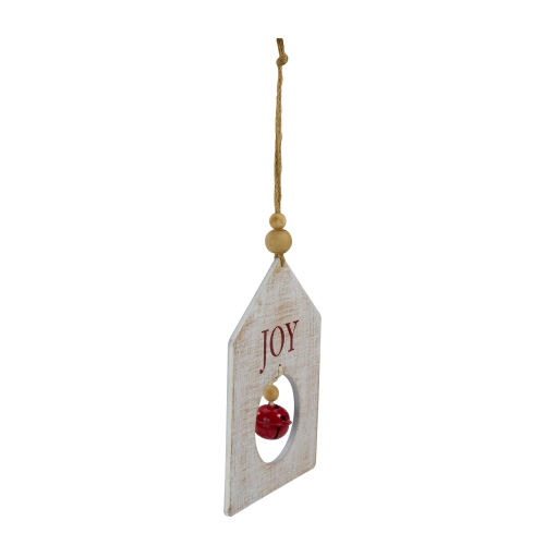 8" White Wooden "JOY" With Red Bell Christmas Ornament