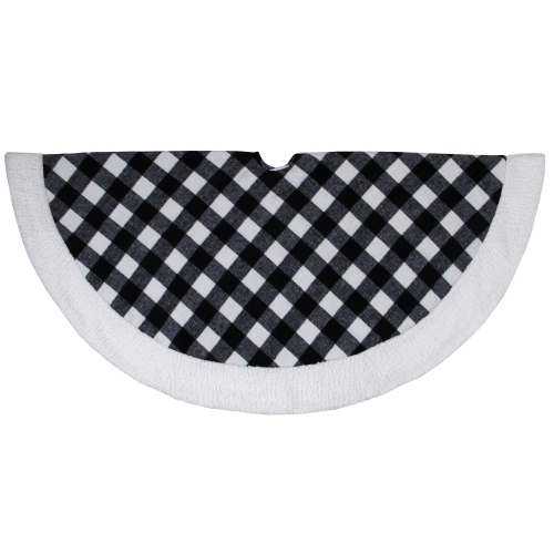 48" Black and White Buffalo Plaid Christmas Tree Skirt with Sherpa Trim