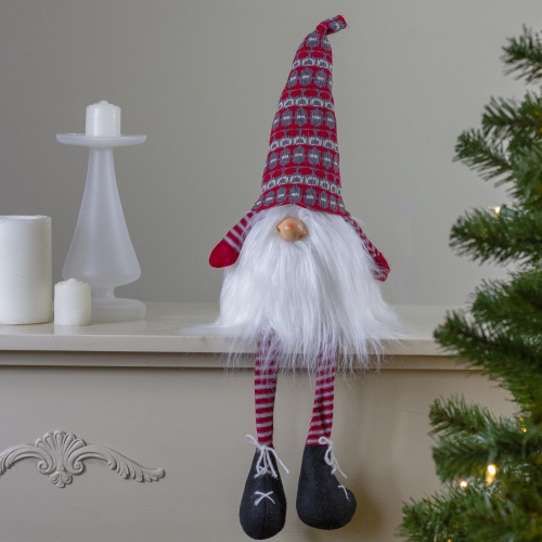 23" Red and Gray Striped Christmas Santa Gnome with Dangling Legs