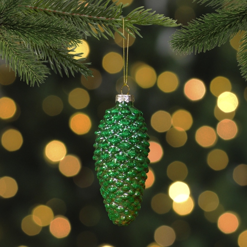 5" Shiny Green and Gold Pinecone Glass Christmas Ornament