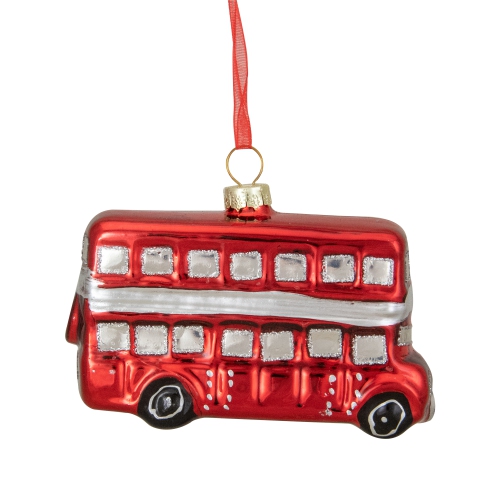 NORTHLIGHT  3.75" And Silver Double Decker Bus Glass Christmas Ornament In Red