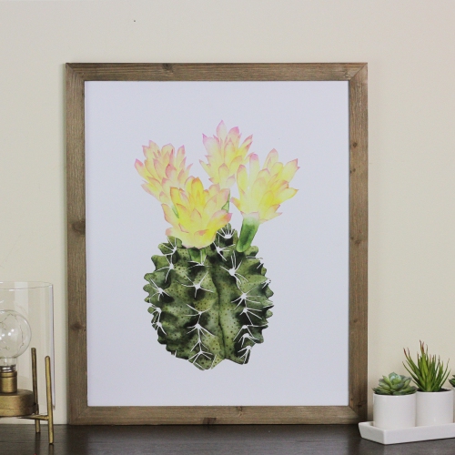 24" Yellow and Green Cactus Wooden Framed Print Wall Art