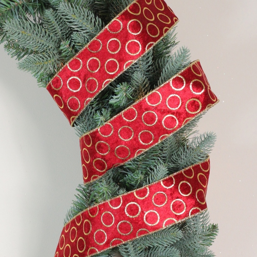 Red and Gold Circle Wired Christmas Craft Ribbon 2.5" x 16 Yards