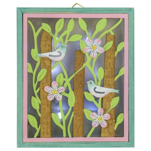 6.25" Spring Songbird Wooden Green and Pink LED Hanging Shadow Box